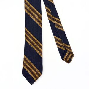 Vintage Mac Hugh Hopsack Wool Tie Navy Brown Gold Stripe Skinny 60s